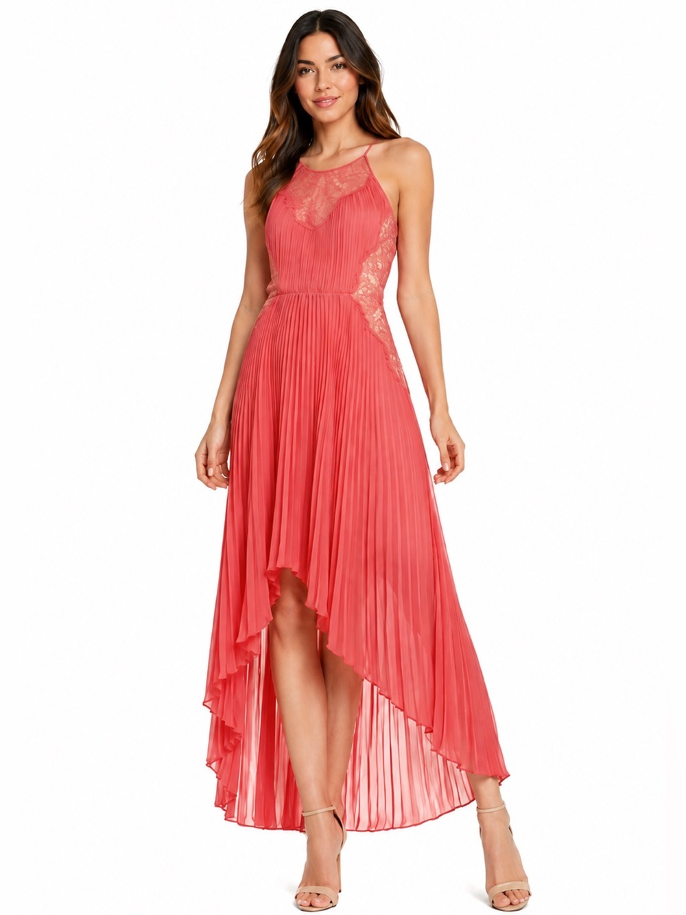 BCBGMAXAZRIA Maryella Coral Pleated Lace High-Low Maxi Dress Sz 8 Formal Wedding